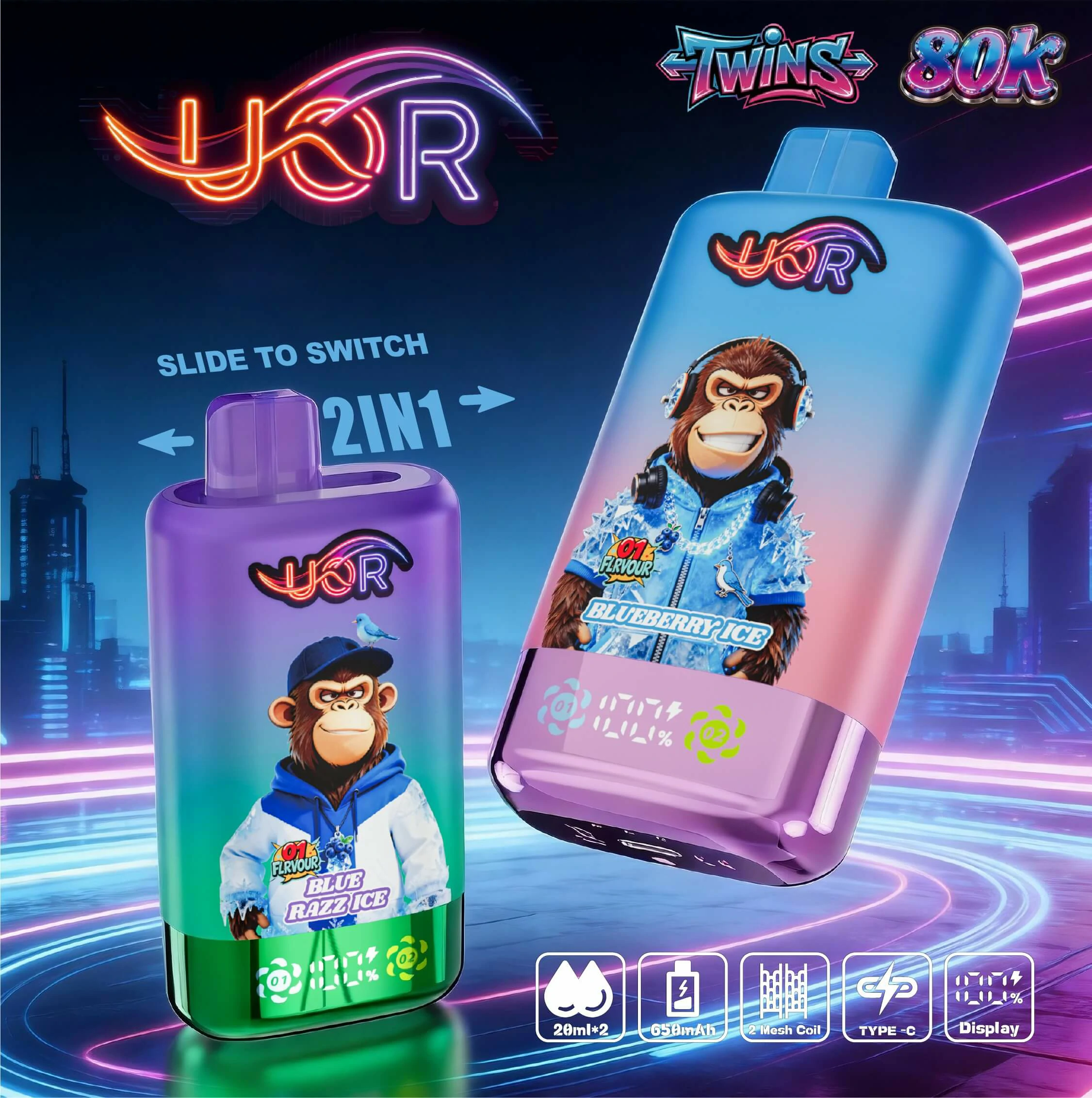 UOR 80,000パフ 2-in-1 使い捨てベイプ