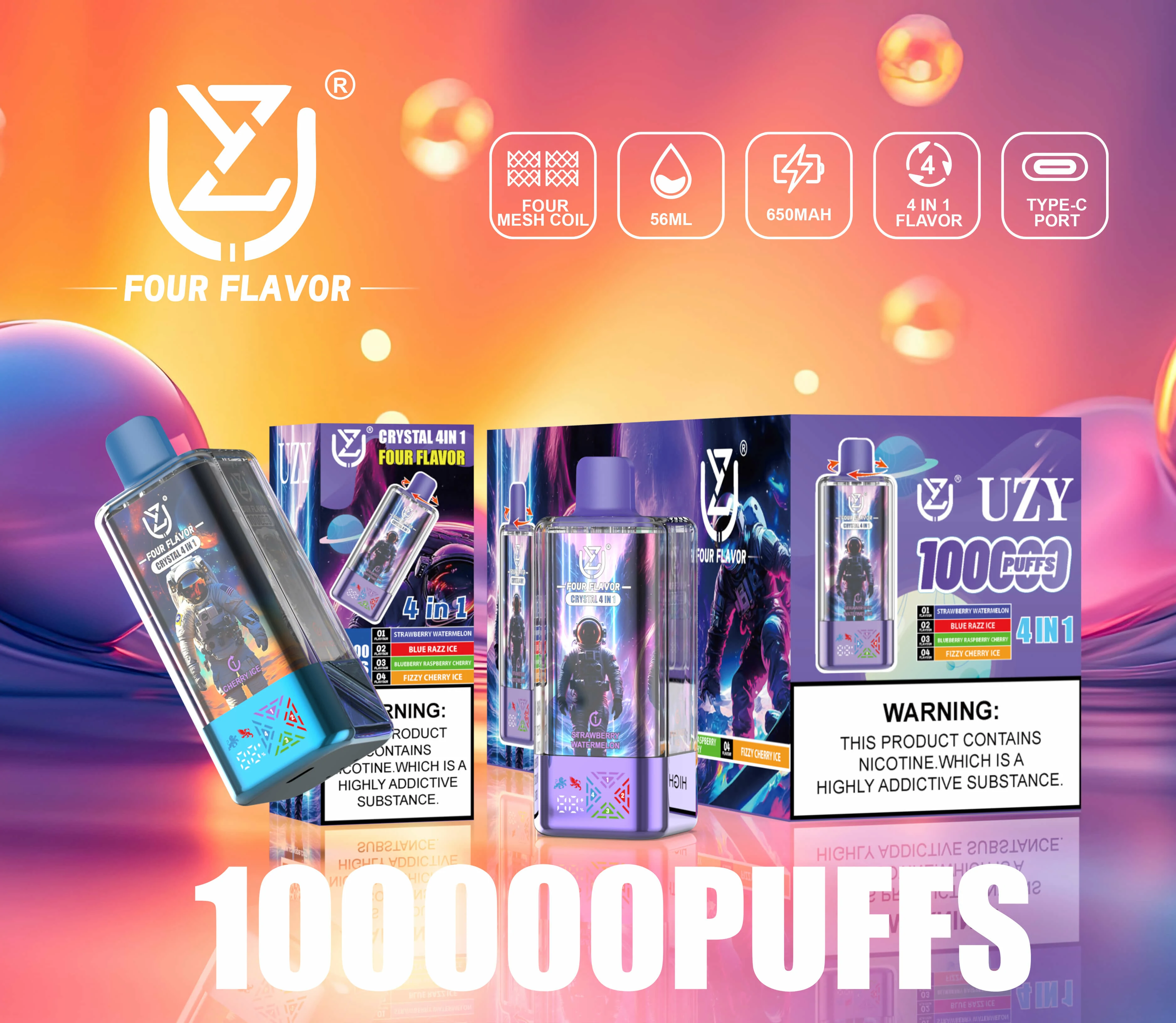 UZY, 100 000 bouffées, Crysta, cigarette électronique jetable 4-en-1