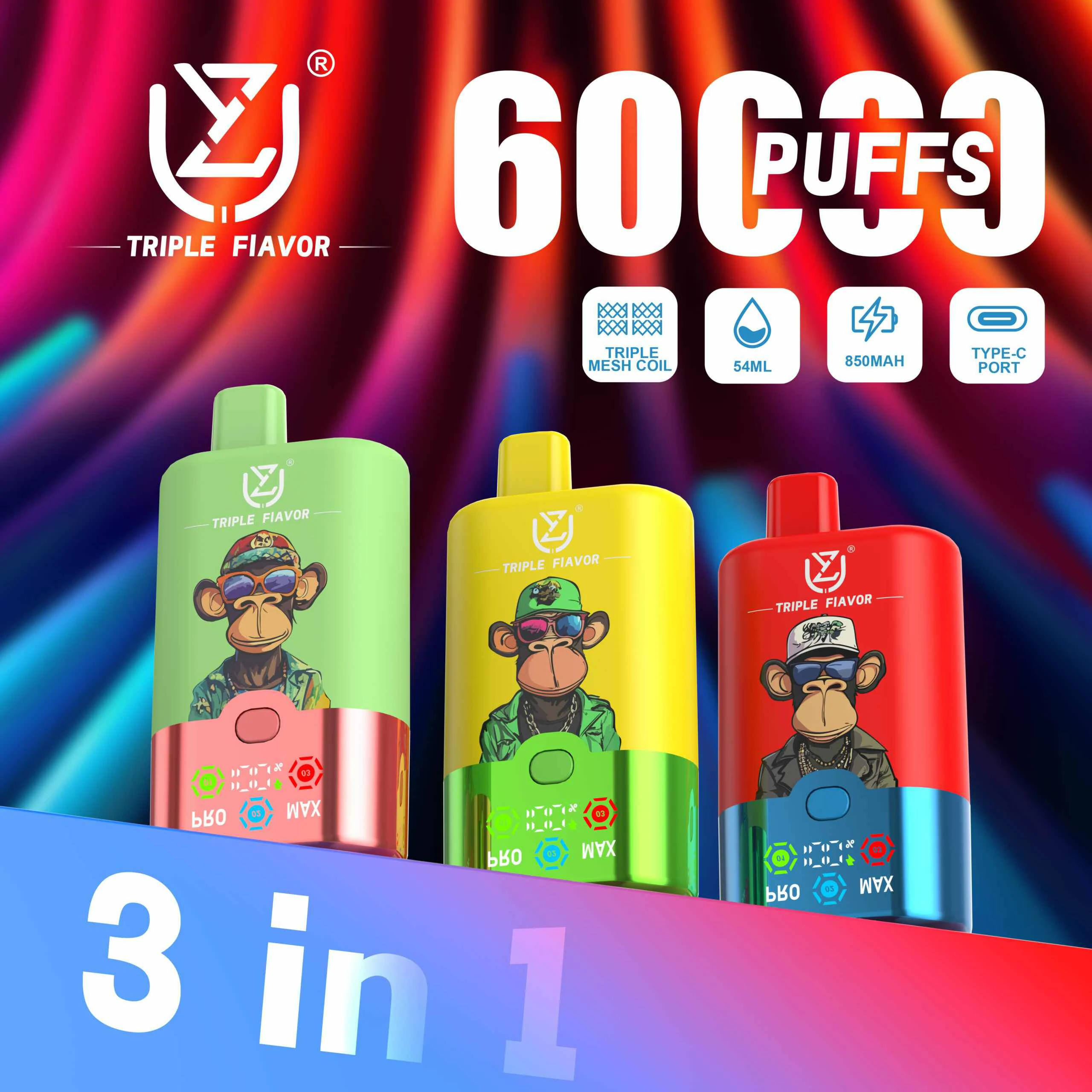 UZY, cigarette électronique jetable 3-en-1, 60 000 bouffées